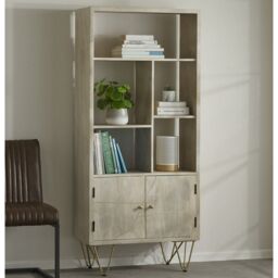 Indian Hub Large Bookcase with 2 Door - Solid Mango Wood - L35 x W80 x H180 cm - Light Gold in Brown - thumbnail 3