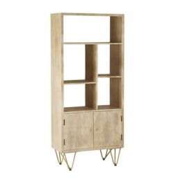 Indian Hub Large Bookcase with 2 Door - Solid Mango Wood - L35 x W80 x H180 cm - Light Gold in Brown - thumbnail 1