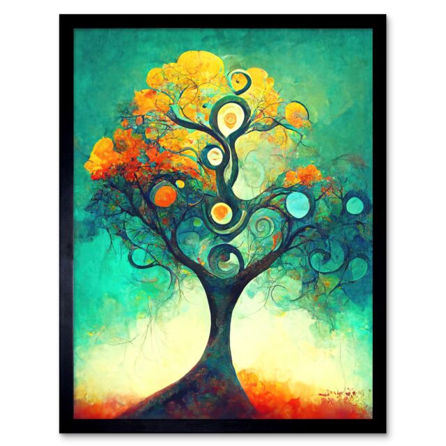 "Artery8 Wall Art Print Klimt Inspired Luminous Abstract Autumn Fall Tree Art Framed in Black - Size: W12"" x H16""" - image 1