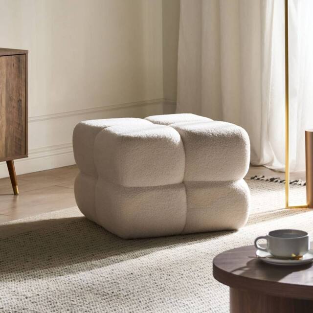 Wyld and Coco Off-White Boucle Pouffe 60 x 60 cm in White - image 1