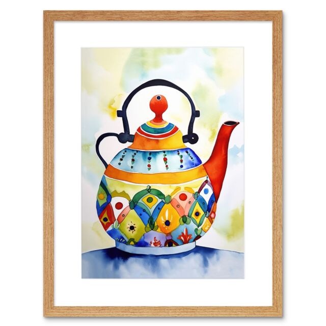 "Artery8 Wall Art Print Enamelled Patterned Teapot Tea Kettle Folk Art Watercolour Painting Artwork Framed 9X7 Inch in Beige - Size: W7"" x H9""" - image 1