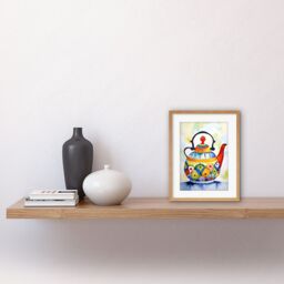 "Artery8 Wall Art Print Enamelled Patterned Teapot Tea Kettle Folk Art Watercolour Painting Artwork Framed 9X7 Inch in Beige - Size: W7"" x H9""" - thumbnail 2