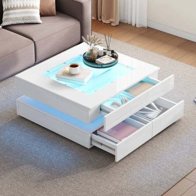 Merax Square High Gloss LED Coffee Table with Tempered Glass Top & 3 Drawers in White - image 1