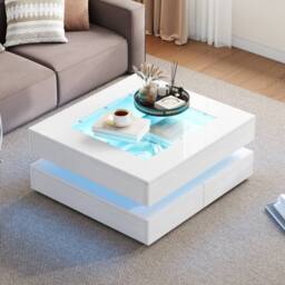 Merax Square High Gloss LED Coffee Table with Tempered Glass Top & 3 Drawers in White - thumbnail 4