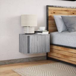 Berkfield Home Durable Wall-mounted Bedside Cabinet with LED Lights Grey Sonoma - thumbnail 4