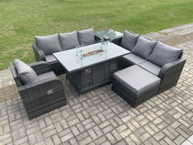 Fimous Rattan Outdoor Furniture Gas Fire Pit Dining Table Gas Heater Reclining Chair 3 Seater Sofa Sets with Big Footstool in Dark Grey - image 1