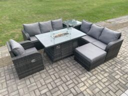 Fimous Rattan Outdoor Furniture Gas Fire Pit Dining Table Gas Heater Reclining Chair 3 Seater Sofa Sets with Big Footstool in Dark Grey - thumbnail 1