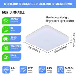 Pheashine Square LED Ceiling Light, 6500K Cool White, 25cm IP Rated Flush Mount in White - thumbnail 3