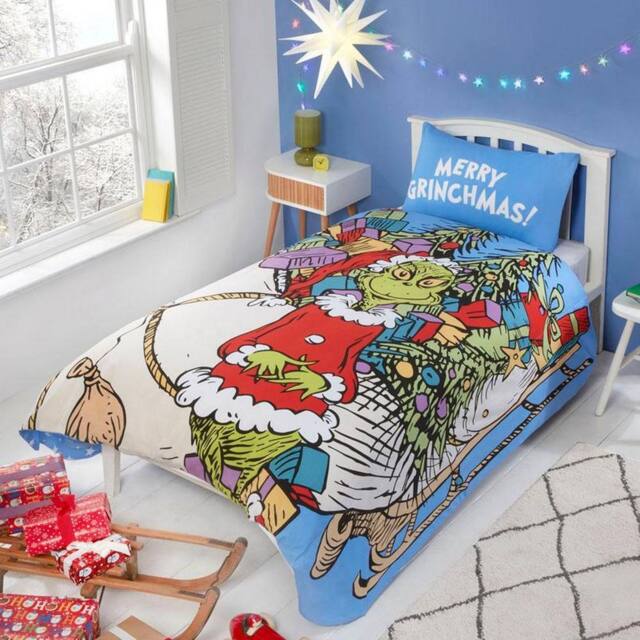 Grinch Sleigh Shaped Blue Christmas Duvet Cover Set Single Bedding Set - image 1