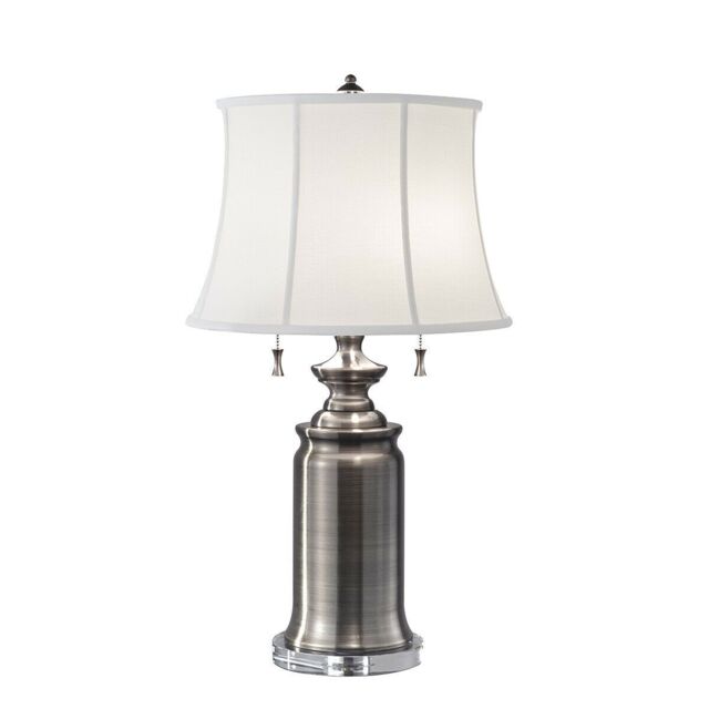 Loops 2 Bulb Twin Table Lamp True White Cotton Linen SHade Antique Nickel LED E27 60W in Metallics