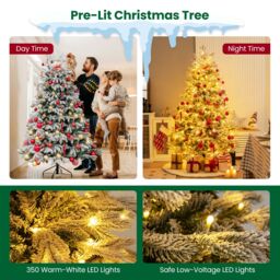Gymax 180CM Pre-Lit Flocked Christmas Tree 1022 Tips & 350 LED Lights Xmas Decor Tree in Green - Size: 6ft - thumbnail 3
