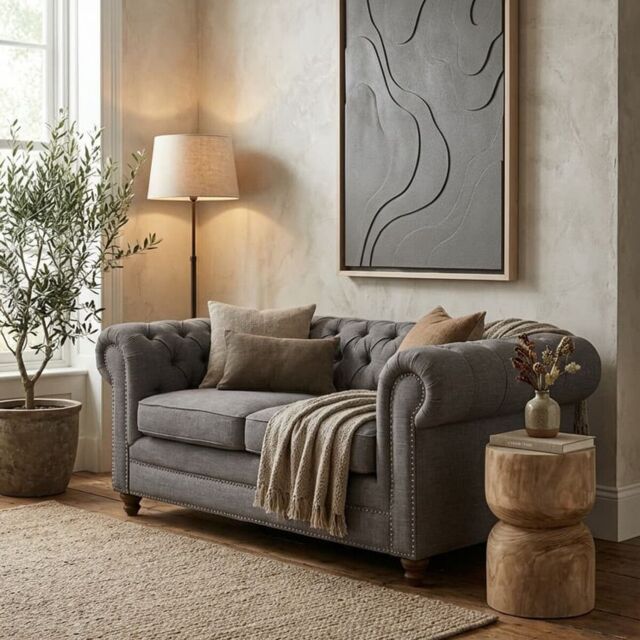 Orsina Two‑Seat Grey Linen Sofa, Button‑Tufted Chesterfield Back & Scrolled Arms, Plush Upholstered Seat - image 1
