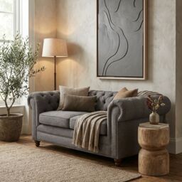 Orsina Two‑Seat Grey Linen Sofa, Button‑Tufted Chesterfield Back & Scrolled Arms, Plush Upholstered Seat