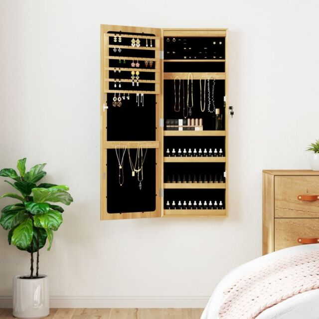 Berkfield Home Mirror Jewellery Cabinet with LED Lights Wall Mounted in Brown - image 1