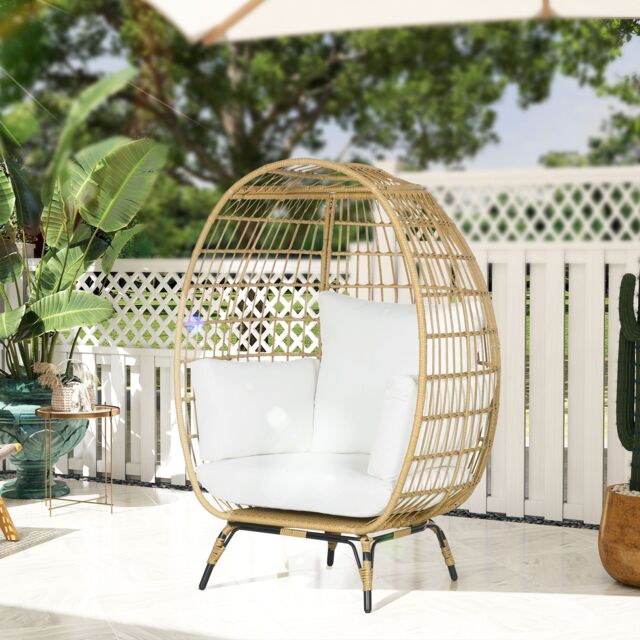 OUTSUNNY Round PE Rattan Outdoor Egg Chair with Thick Padded Cushions for Garden, Khaki - image 1