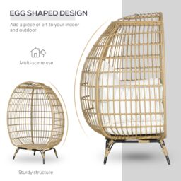 OUTSUNNY Round PE Rattan Outdoor Egg Chair with Thick Padded Cushions for Garden, Khaki - thumbnail 6
