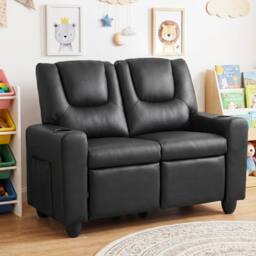 CASART 2-Seater Kids Recliner Double Toddler Sofa Chair w/2 Cup Holders in Black - thumbnail 3