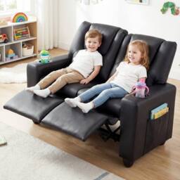 CASART 2-Seater Kids Recliner Double Toddler Sofa Chair w/2 Cup Holders in Black - thumbnail 4