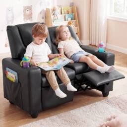 CASART 2-Seater Kids Recliner Double Toddler Sofa Chair w/2 Cup Holders in Black - thumbnail 5