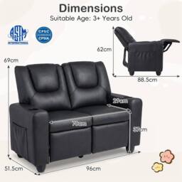 CASART 2-Seater Kids Recliner Double Toddler Sofa Chair w/2 Cup Holders in Black - thumbnail 2