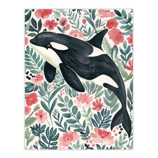 "Artery8 Orca Killer Whale Flower Sea Watercolour Floral Wall Art Print - Size: W24"" x H32""" - image 1