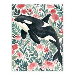 "Artery8 Orca Killer Whale Flower Sea Watercolour Floral Wall Art Print - Size: W24"" x H32""" - thumbnail 1