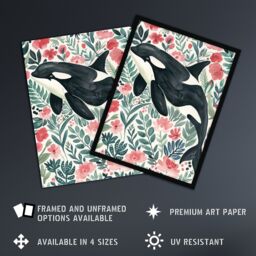 "Artery8 Orca Killer Whale Flower Sea Watercolour Floral Wall Art Print - Size: W24"" x H32""" - thumbnail 2