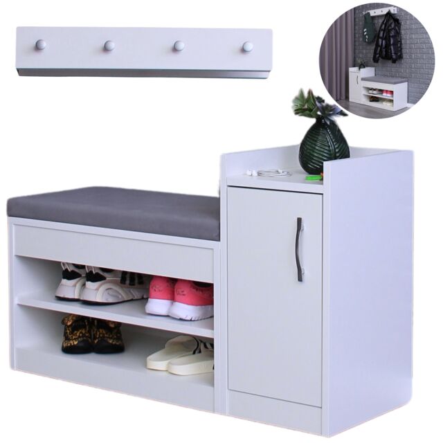 White Shoe Racks Storage Bench with Wall-Mounted Coat Stand - Grey Cushion Shoe Storage Seat - Wallet and Key Holder Organizer