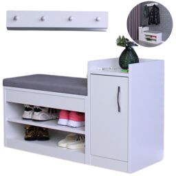 White Shoe Racks Storage Bench with Wall-Mounted Coat Stand - Grey Cushion Shoe Storage Seat - Wallet and Key Holder Organizer - thumbnail 1