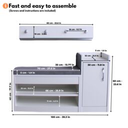 White Shoe Racks Storage Bench with Wall-Mounted Coat Stand - Grey Cushion Shoe Storage Seat - Wallet and Key Holder Organizer - thumbnail 4