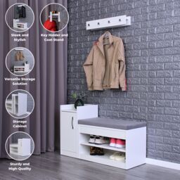 White Shoe Racks Storage Bench with Wall-Mounted Coat Stand - Grey Cushion Shoe Storage Seat - Wallet and Key Holder Organizer - thumbnail 3