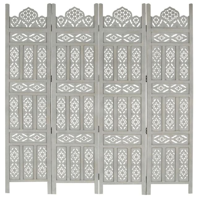Berkfield Home Hand carved 4-Panel Room Divider Grey 160x165 cm Solid Mango Wood - image 1