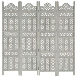 Berkfield Home Hand carved 4-Panel Room Divider Grey 160x165 cm Solid Mango Wood - thumbnail 1