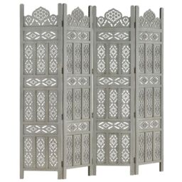 Berkfield Home Hand carved 4-Panel Room Divider Grey 160x165 cm Solid Mango Wood - thumbnail 2