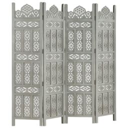 Berkfield Home Hand carved 4-Panel Room Divider Grey 160x165 cm Solid Mango Wood - thumbnail 6