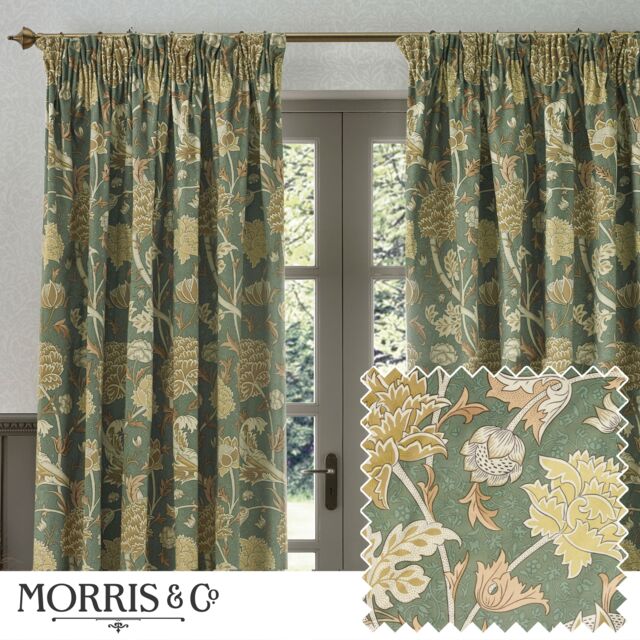 Morris & Co Cray Floral Velvet Room Darkening Pencil Pleat Curtains in Green - Size: 117 cm width x 183 cm drop - image 1