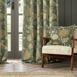 Morris & Co Cray Floral Velvet Room Darkening Pencil Pleat Curtains in Green - Size: 117 cm width x 183 cm drop - thumbnail 4