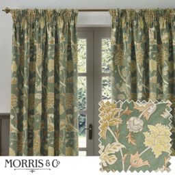 Morris & Co Cray Floral Velvet Room Darkening Pencil Pleat Curtains in Green - Size: 117 cm width x 183 cm drop - thumbnail 1