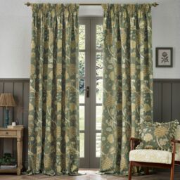 Morris & Co Cray Floral Velvet Room Darkening Pencil Pleat Curtains in Green - Size: 117 cm width x 183 cm drop - thumbnail 2