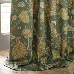 Morris & Co Cray Floral Velvet Room Darkening Pencil Pleat Curtains in Green - Size: 117 cm width x 183 cm drop - thumbnail 5