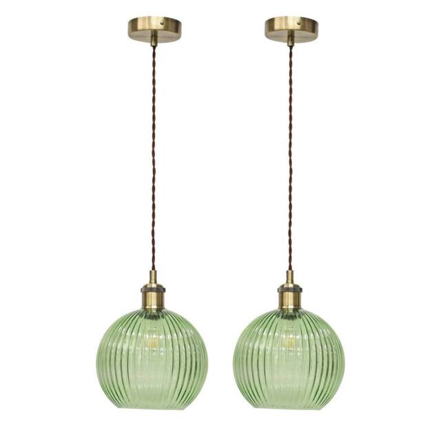 First Choice Lighting Set of 2 Betchley - Green Ribbed Globe Antique Brass Retro Pendants - image 1