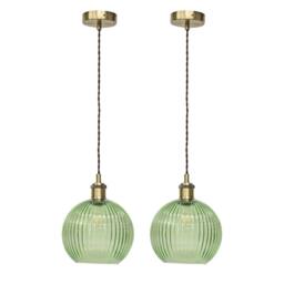 First Choice Lighting Set of 2 Betchley - Green Ribbed Globe Antique Brass Retro Pendants
