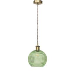 First Choice Lighting Set of 2 Betchley - Green Ribbed Globe Antique Brass Retro Pendants - thumbnail 2