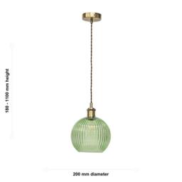 First Choice Lighting Set of 2 Betchley - Green Ribbed Globe Antique Brass Retro Pendants - thumbnail 6