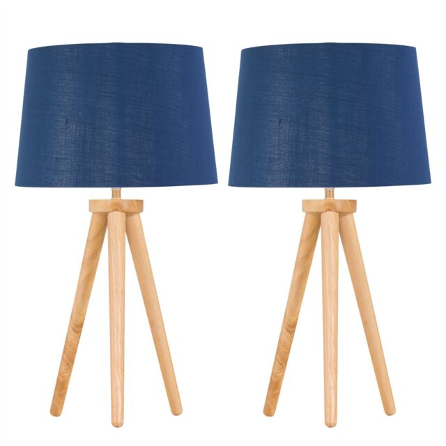 First Choice Lighting Set of 2 Light Oak Table Lamp or Bedside Lights with Navy Silver Shade in Brown - image 1
