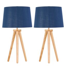 First Choice Lighting Set of 2 Light Oak Table Lamp or Bedside Lights with Navy Silver Shade in Brown
