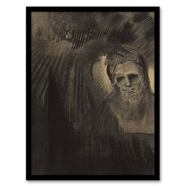 "Artery8 Apparition Eerie Charcoal Painting Redon Vintage Framed Wall Art Print in Grey - Size: W12"" x H16""" - image 1