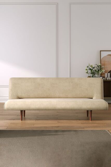 Living and Home 3 Seater Upholstered Sofa Bed with Wood Legs in Khaki - image 1