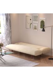 Living and Home 3 Seater Upholstered Sofa Bed with Wood Legs in Khaki - thumbnail 5