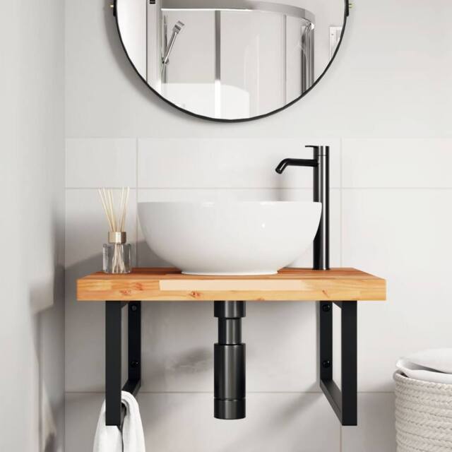 Berkfield Home Elegant Basin Shelf Wall Mounted Steel & Solid Wood Acacia in Brown - image 1